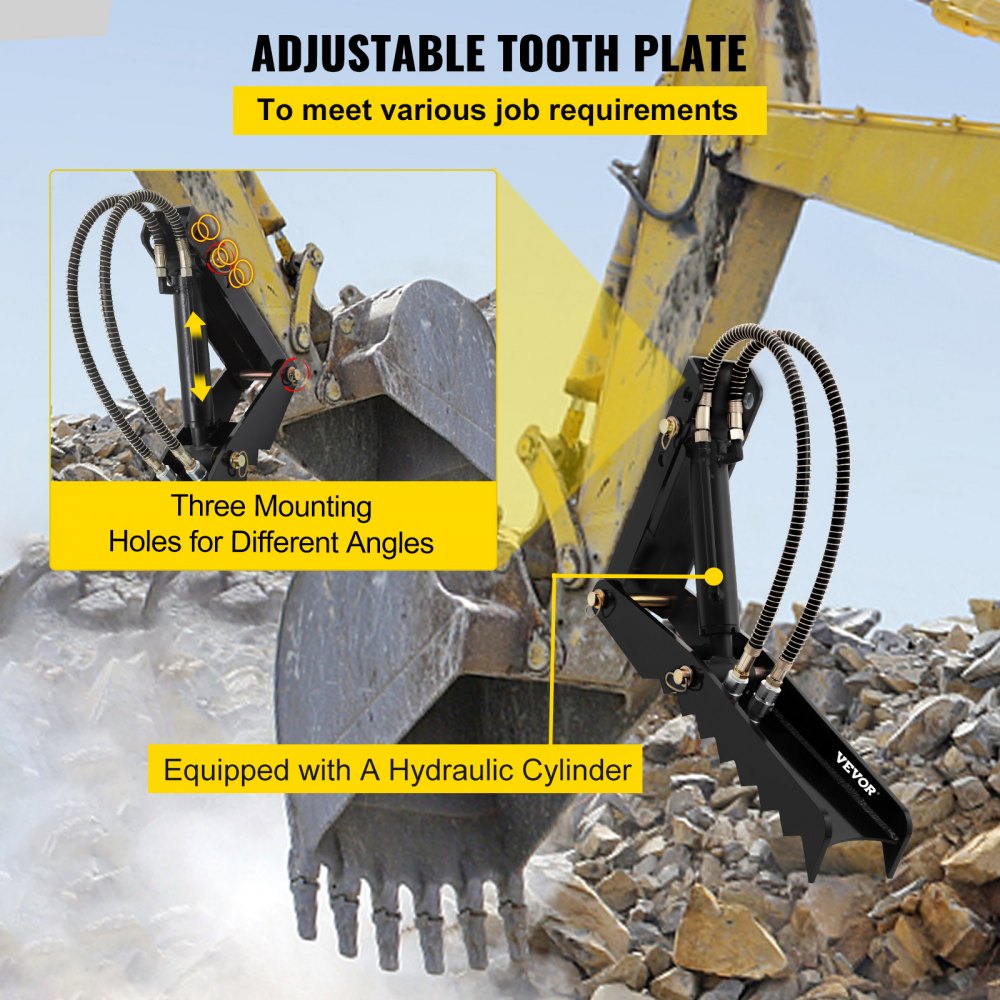 VEVOR 61cm Hydraulic Backhoe Excavator Thumb Attachments Weld On 1.27cm Teeth Thick Steel Plate Assembly 12MM Bolt-On Design with Hydraulic Cylinder