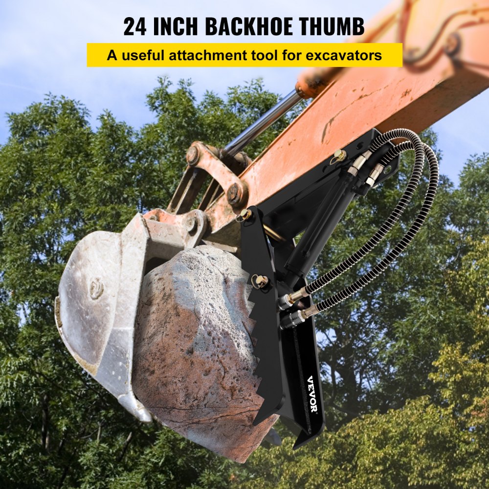 VEVOR 24 inch Hydraulic Backhoe Excavator Thumb Attachments Weld On 1/2in Teeth Thick Steel Plate Assembly 12MM Bolt-On Design with Hydraulic Cylinder