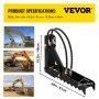 VEVOR hydraulic backhoe thumb attachments with product specs and excavator images