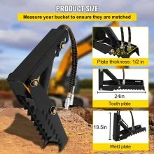 VEVOR 24 inch Hydraulic Backhoe Excavator Thumb Attachments Weld On 1/2in Teeth Thick Steel Plate Assembly 12MM Bolt-On Design with Hydraulic Cylinder