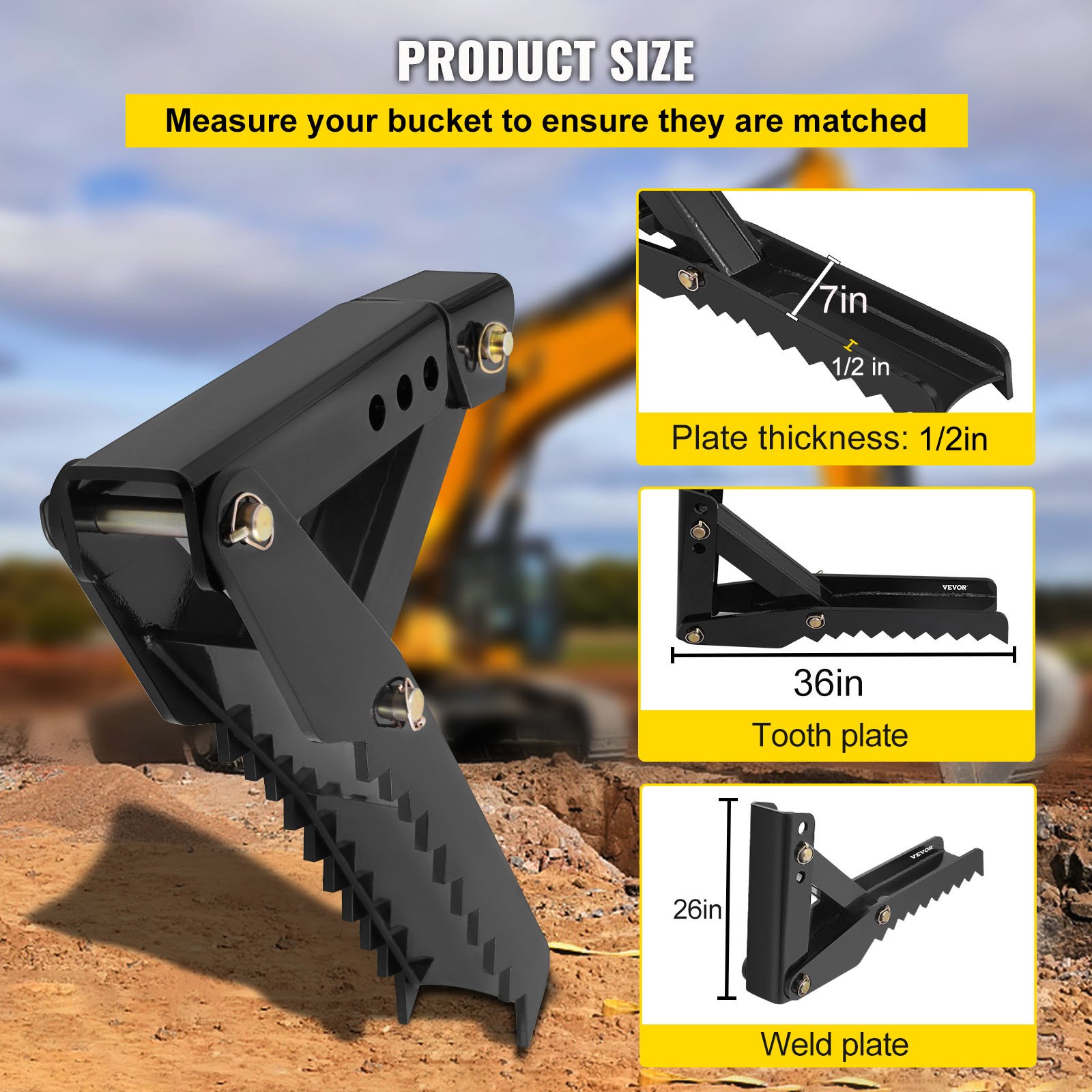 VEVOR Backhoe Excavator Thumb Attachments, 91.44 cm  Adjustable Extreme Weld On Backhoe Thumb Hoe Clamp 1.27 cm Inch Teeth Thick Steel Plate 16MM Assembly Bolt-On Design