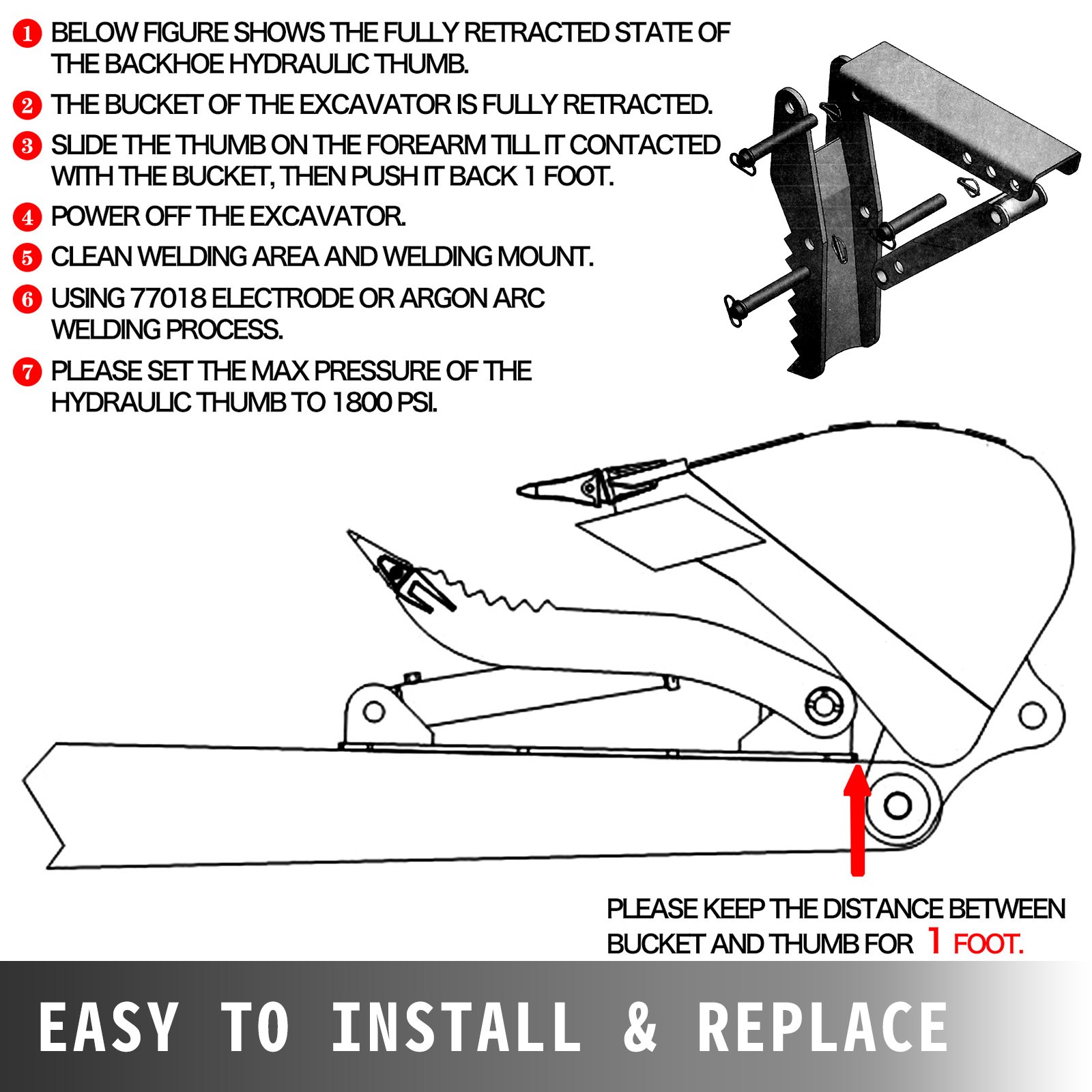 30''x 8'' Backhoe Thumb Excavator Bolt On Universal Claw Tractor Attachment