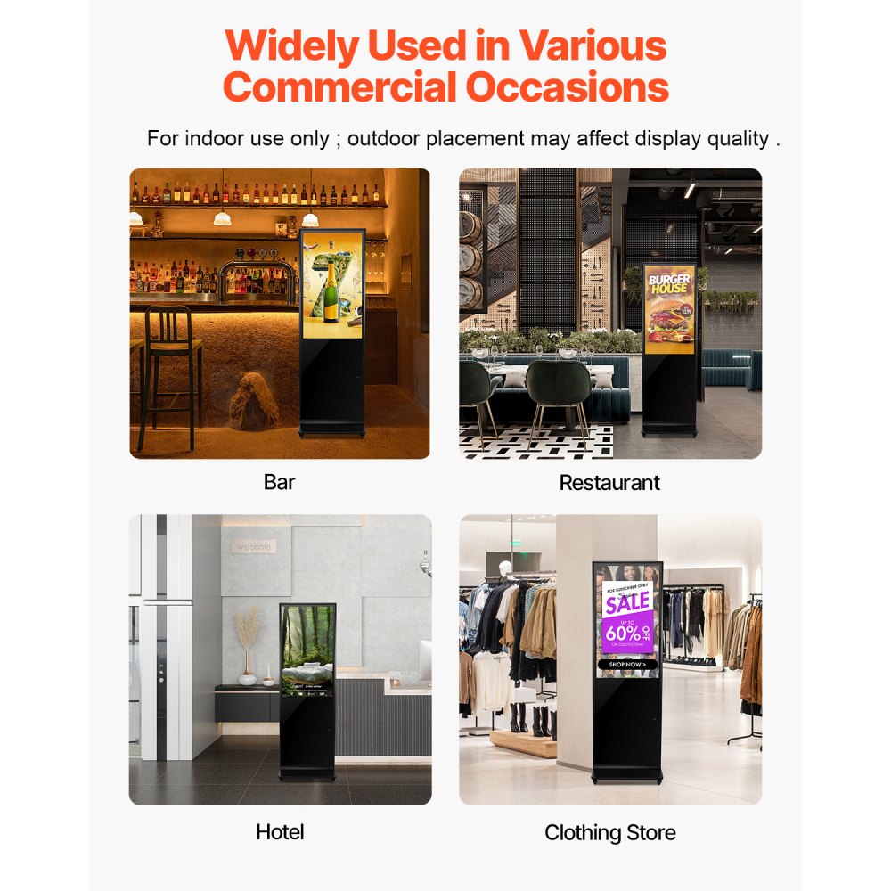VEVOR 43 Inch Digital Signage Display, Non-touchscreen Digital Kiosk, Indoor Floor Standing Kiosk Display, 2K UHD LCD Screen, 2GB RAM & 32GB ROM, with WiFi HDMI/USB Input, Advertising Display