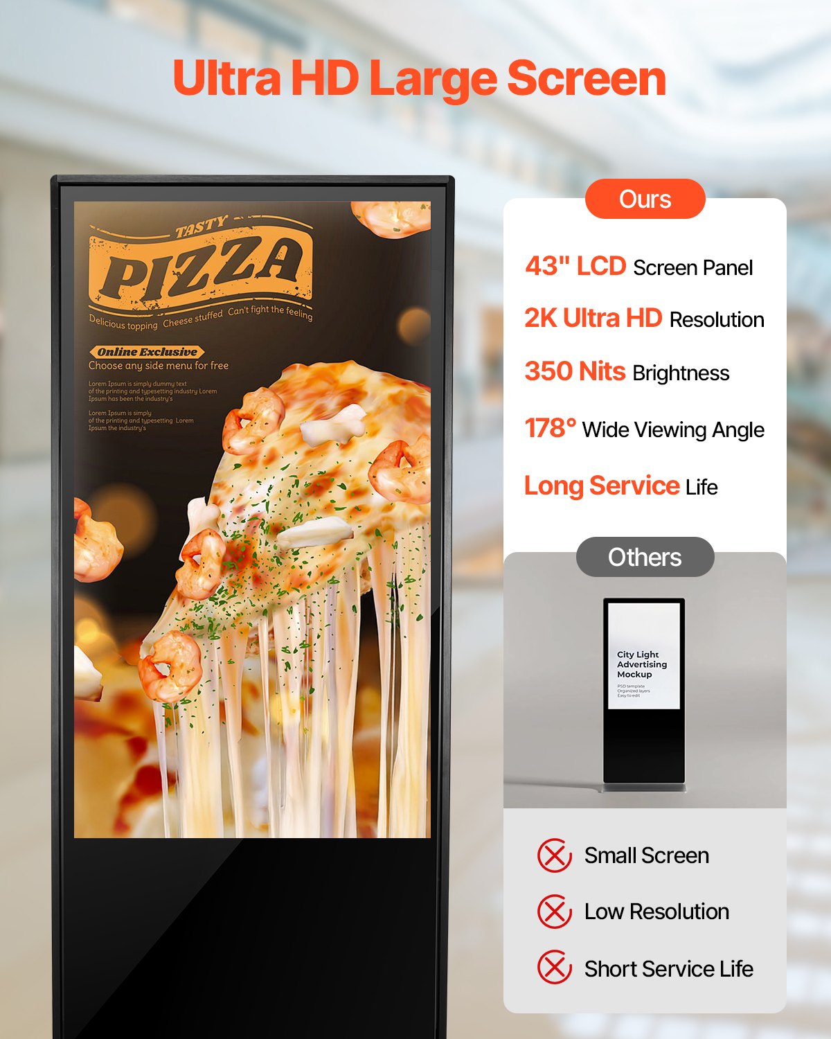 VEVOR 43 Inch Digital Signage Display, Non-touchscreen Digital Kiosk, Indoor Floor Standing Kiosk Display, 2K UHD LCD Screen, 2GB RAM & 32GB ROM, with WiFi HDMI/USB Input, Advertising Display