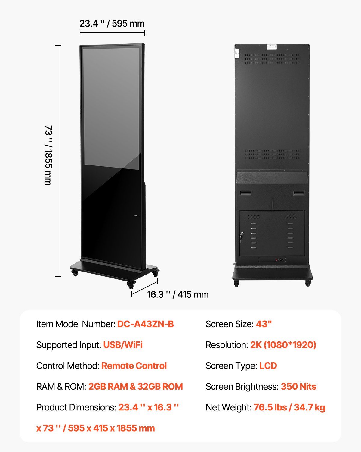 VEVOR 43 Inch Digital Signage Display, Non-touchscreen Digital Kiosk, Indoor Floor Standing Kiosk Display, 2K UHD LCD Screen, 2GB RAM & 32GB ROM, with WiFi HDMI/USB Input, Advertising Display
