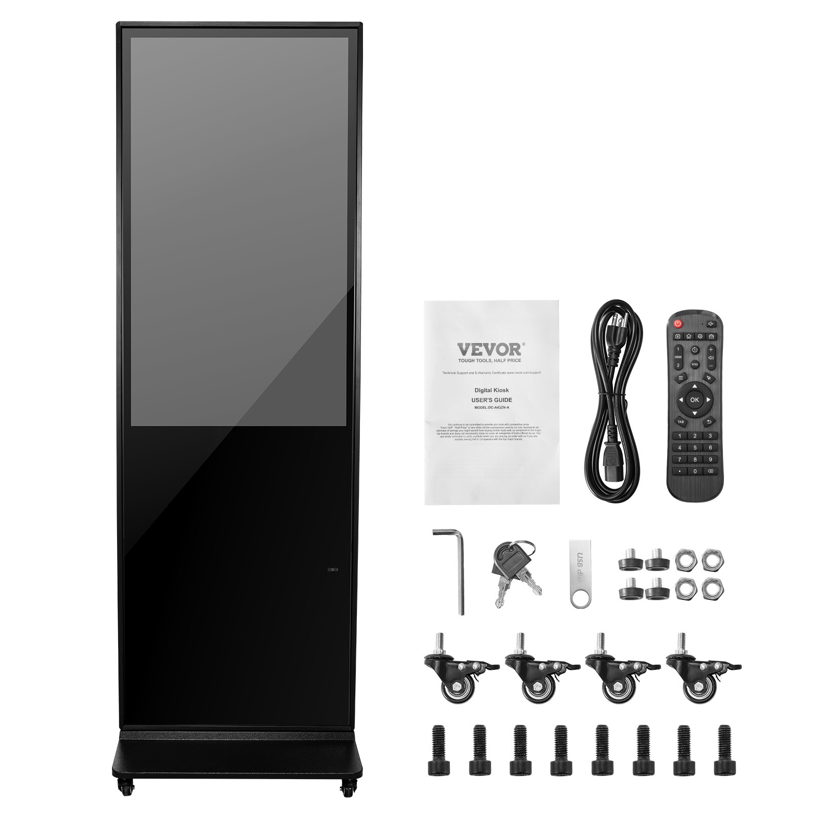 VEVOR 43 Inch Digital Signage Display, Non-touchscreen Digital Kiosk, Indoor Floor Standing Kiosk Display, 2K UHD LCD Screen, 2GB RAM & 32GB ROM, with WiFi HDMI/USB Input, Advertising Display