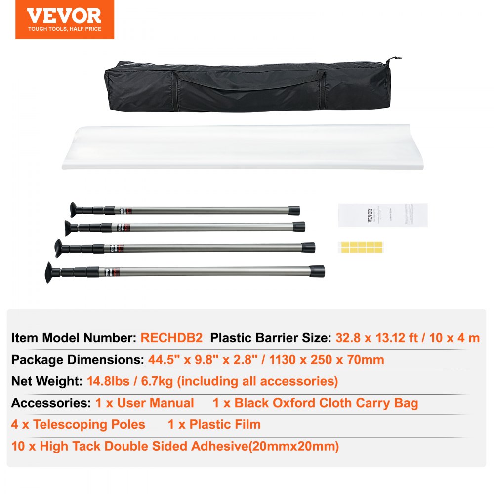 VEVOR Dust Barrier Poles, 12 Ft Poles with 4 Telescoping Poles, Carry Bag, and 32.8x13.12 Ft Plastic Film, for Interior Decoration and Painting Projects