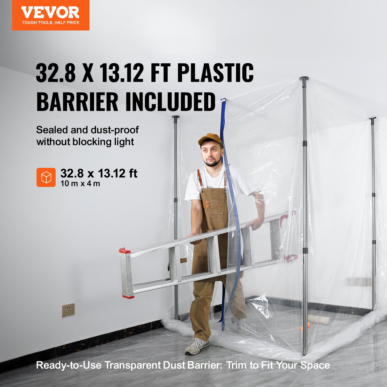 VEVOR Dust Barrier Poles, 12 Ft Barrier Poles, Dust Barrier System with 4 Telescoping Poles, Carry Bag and 32.8x13.12 Ft Plastic Film, for Interior Decoration, Painting
