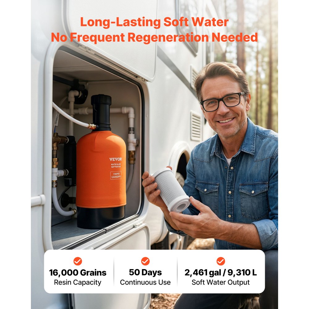VEVOR RV Water Softener, 16,000 Grain, Portable Water Softener with Filter System, NPT 3/4" Fittings, Food-Grade Resin, Quick Connect, for RVs, Trailers, Boats, Mobile Car Washing, Pressure Washing
