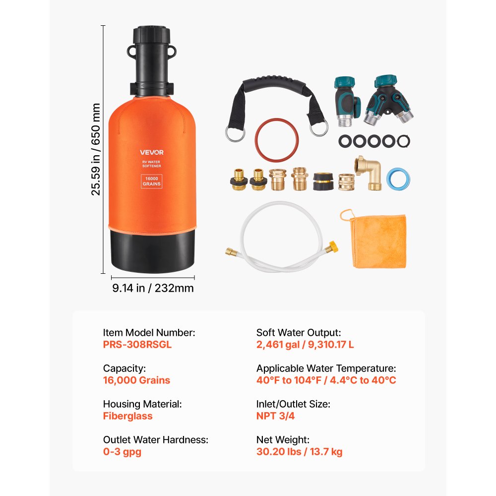 VEVOR RV Water Softener, 16,000 Grain, Portable Water Softener with Filter System, NPT 3/4" Fittings, Food-Grade Resin, Quick Connect, for RVs, Trailers, Boats, Mobile Car Washing, Pressure Washing