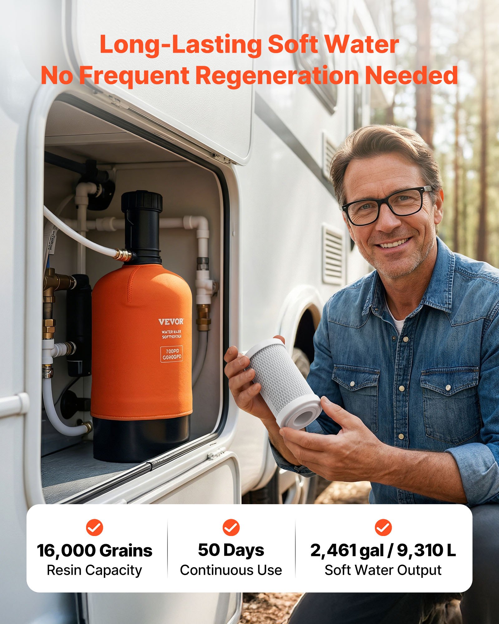 VEVOR RV Water Softener, 16,000 Grain, Portable Water Softener with Filter System, NPT 3/4" Fittings, Food-Grade Resin, Quick Connect, for RVs, Trailers, Boats, Mobile Car Washing, Pressure Washing