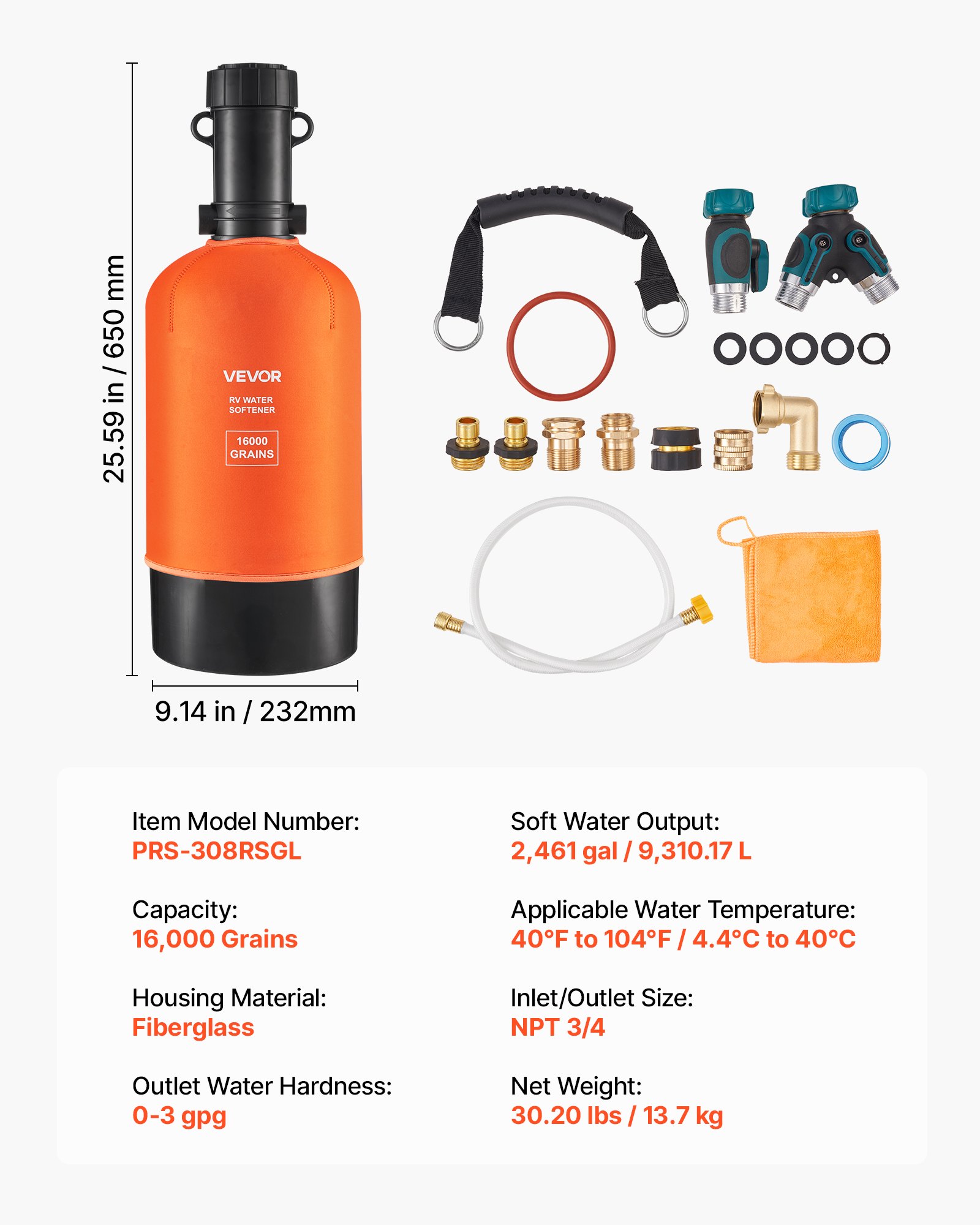 VEVOR RV Water Softener, 16,000 Grain, Portable Water Softener with Filter System, NPT 3/4" Fittings, Food-Grade Resin, Quick Connect, for RVs, Trailers, Boats, Mobile Car Washing, Pressure Washing