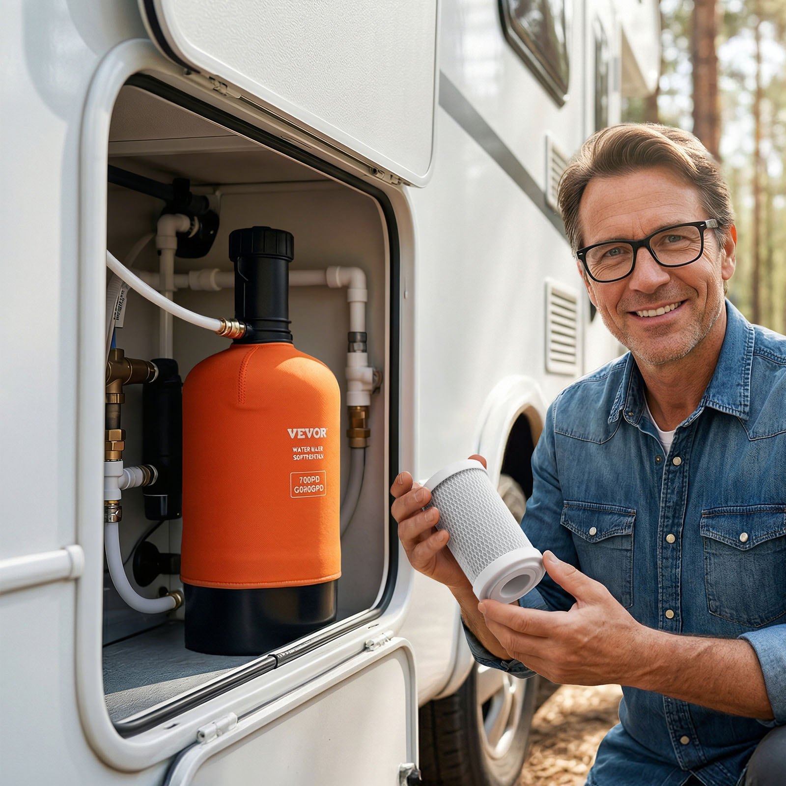 VEVOR RV Water Softener, 16,000 Grain, Portable Water Softener with Filter System, NPT 3/4" Fittings, Food-Grade Resin, Quick Connect, for RVs, Trailers, Boats, Mobile Car Washing, Pressure Washing