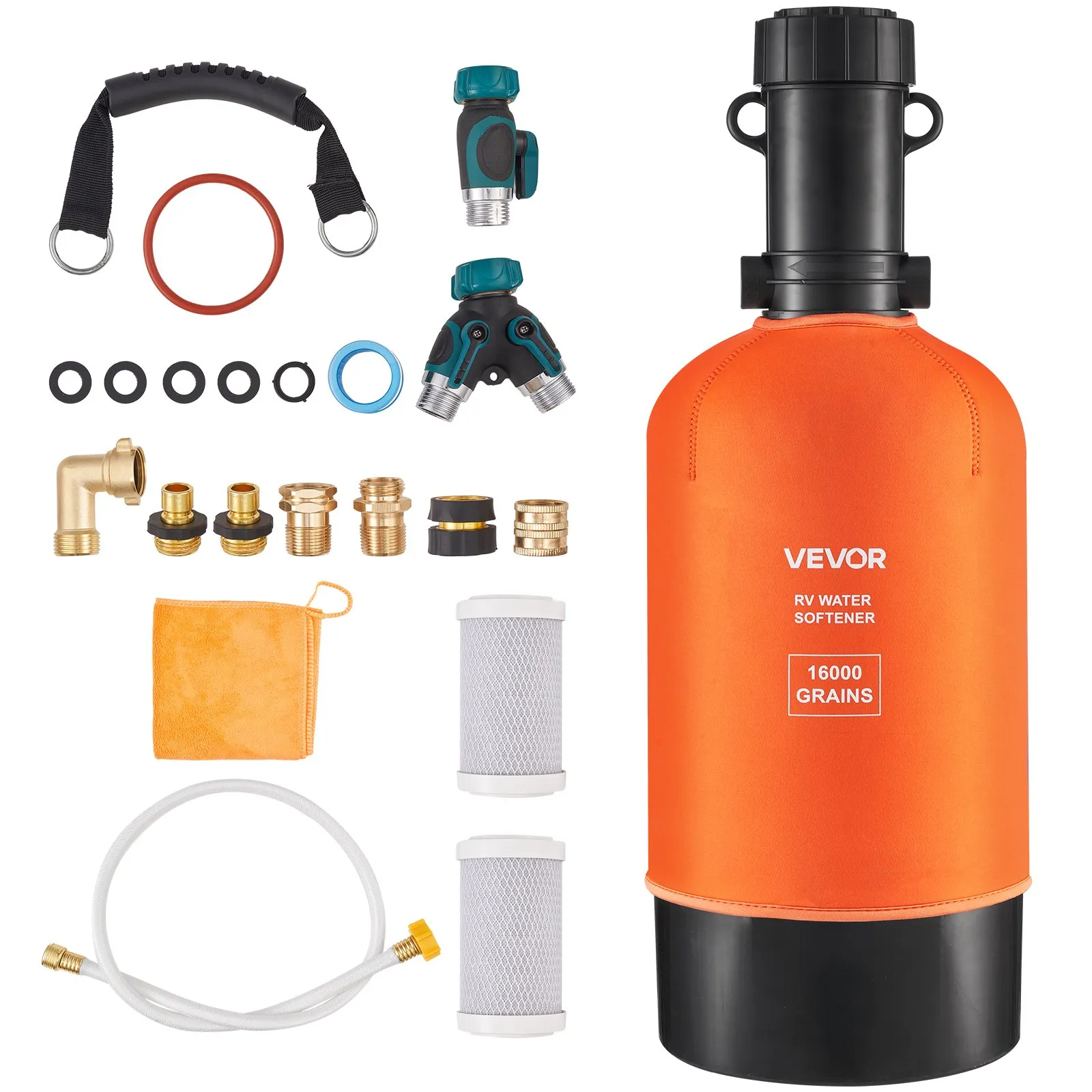 VEVOR RV Water Softener, 16,000 Grain, Portable Water Softener with Filter System, NPT 3/4" Fittings, Food-Grade Resin, Quick Connect, for RVs, Trailers, Boats, Mobile Car Washing, Pressure Washing