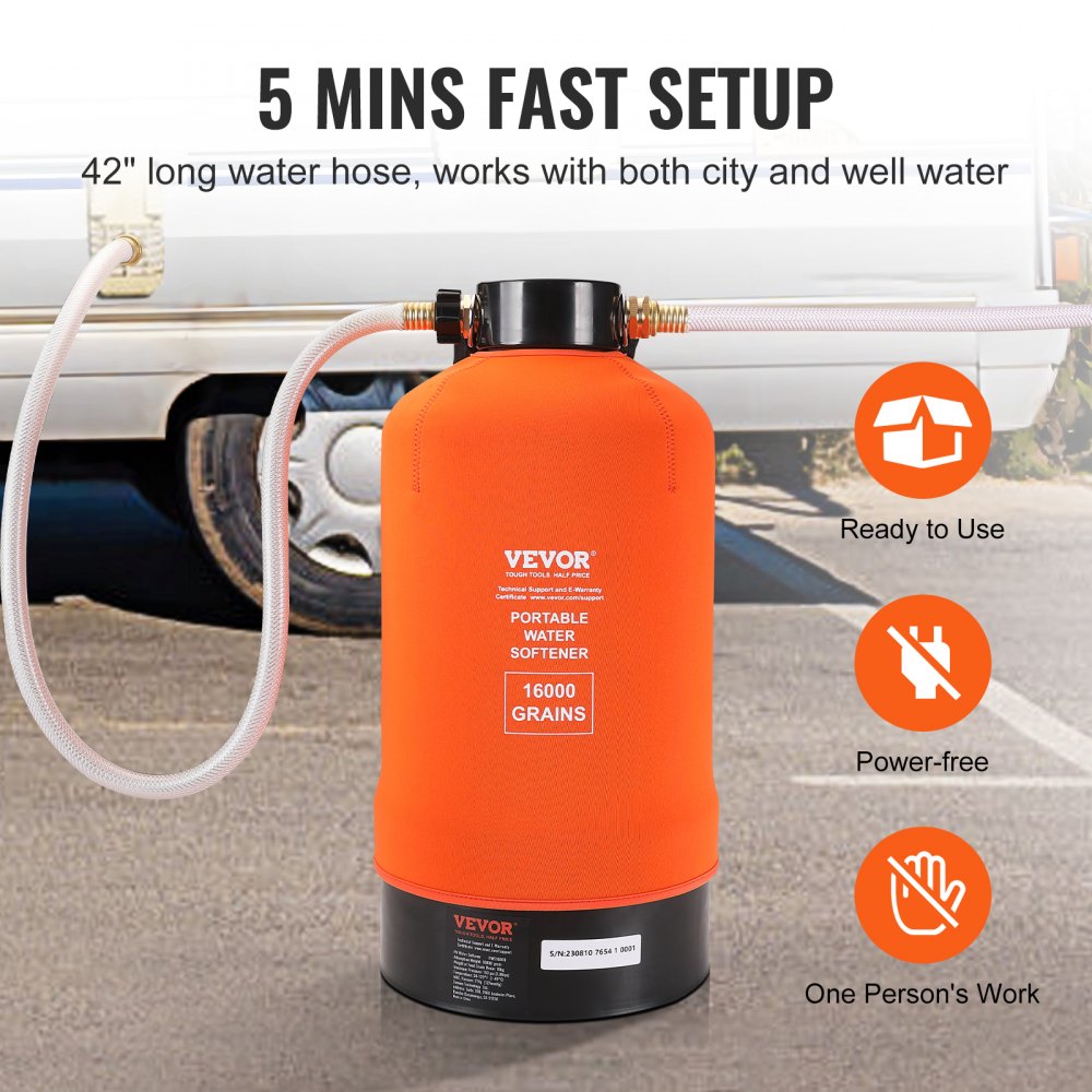 VEVOR rv water softener with 42&quot; hose, ready to use, power-free, single person setup, 16000 grains.