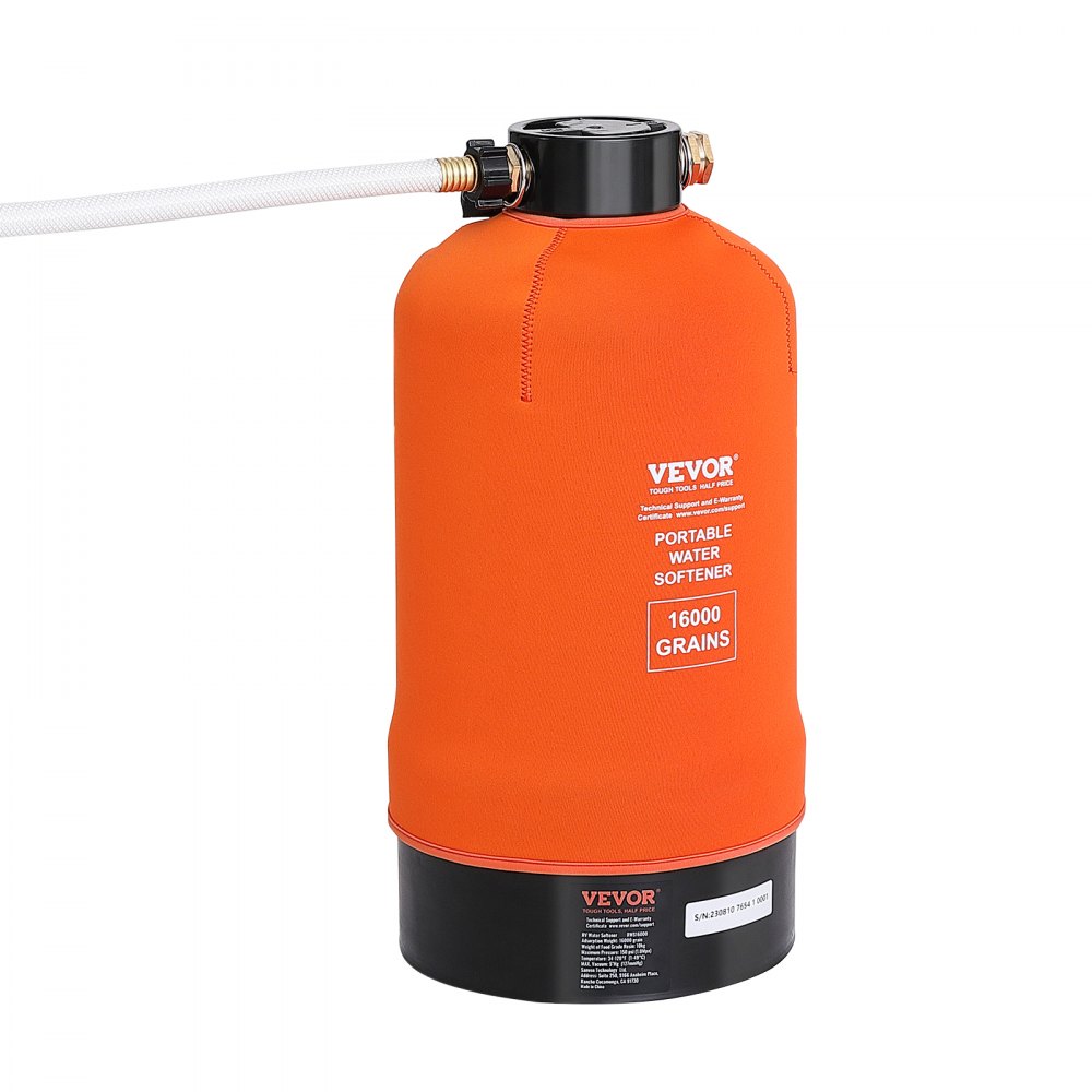 orange VEVOR rv water softener with hose connection, labeled 16000 grains.