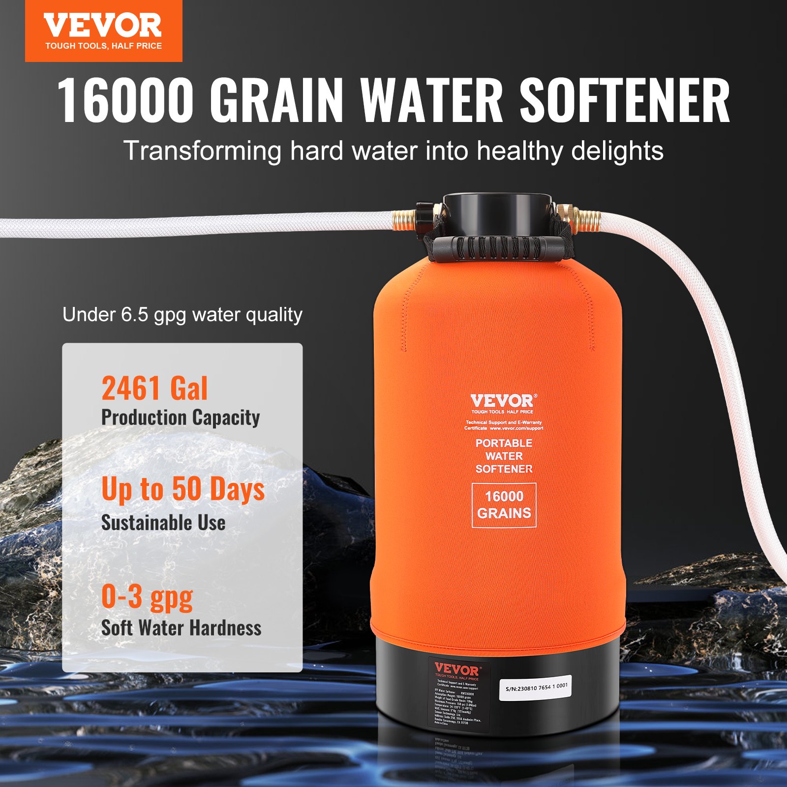 VEVOR rv water softener, 16000 grains, 2461 gal capacity, up to 50 days use, 0-3 gpg water hardness.