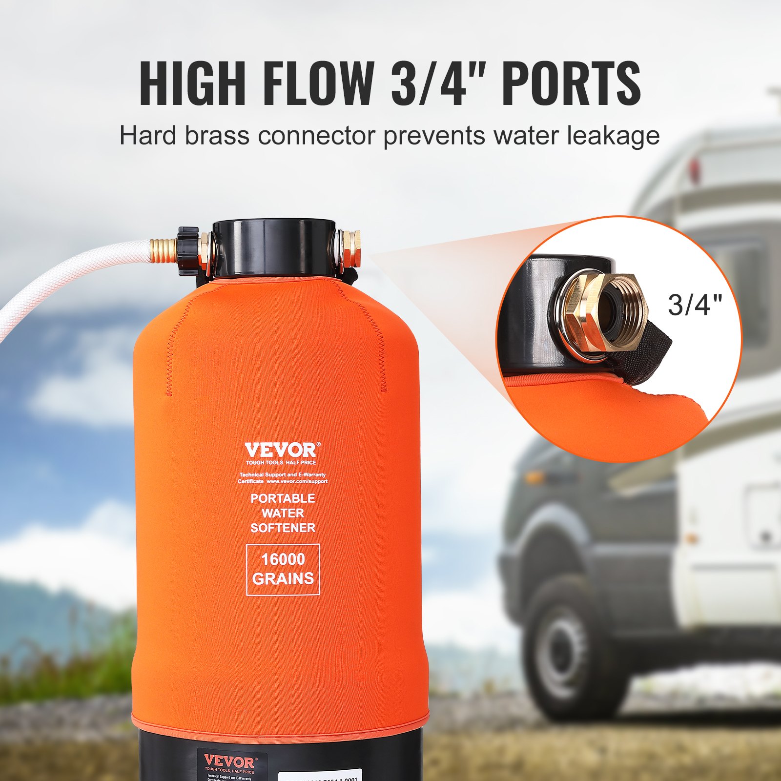 VEVOR rv water softener with high flow 3/4&quot; ports and brass connectors for preventing water leakage.