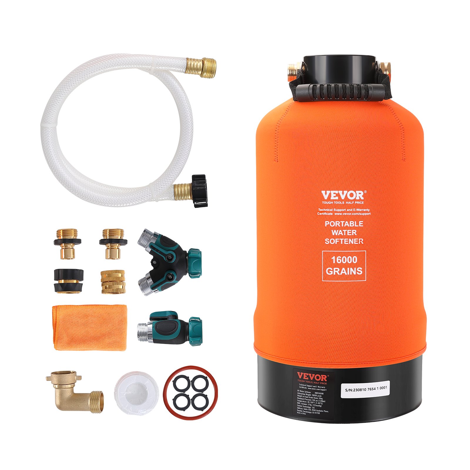 VEVOR rv water softener and accessories, including hose, fittings, and connectors, in an orange casing.