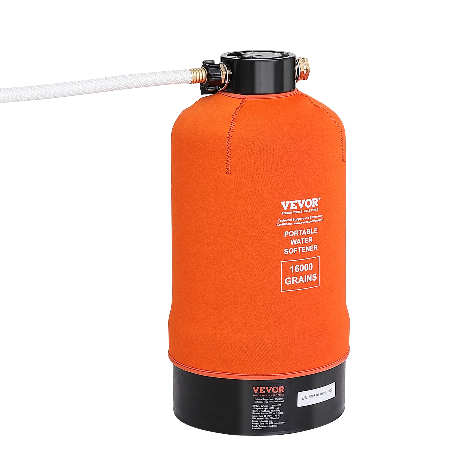 orange VEVOR rv water softener with hose connection, labeled 16000 grains.