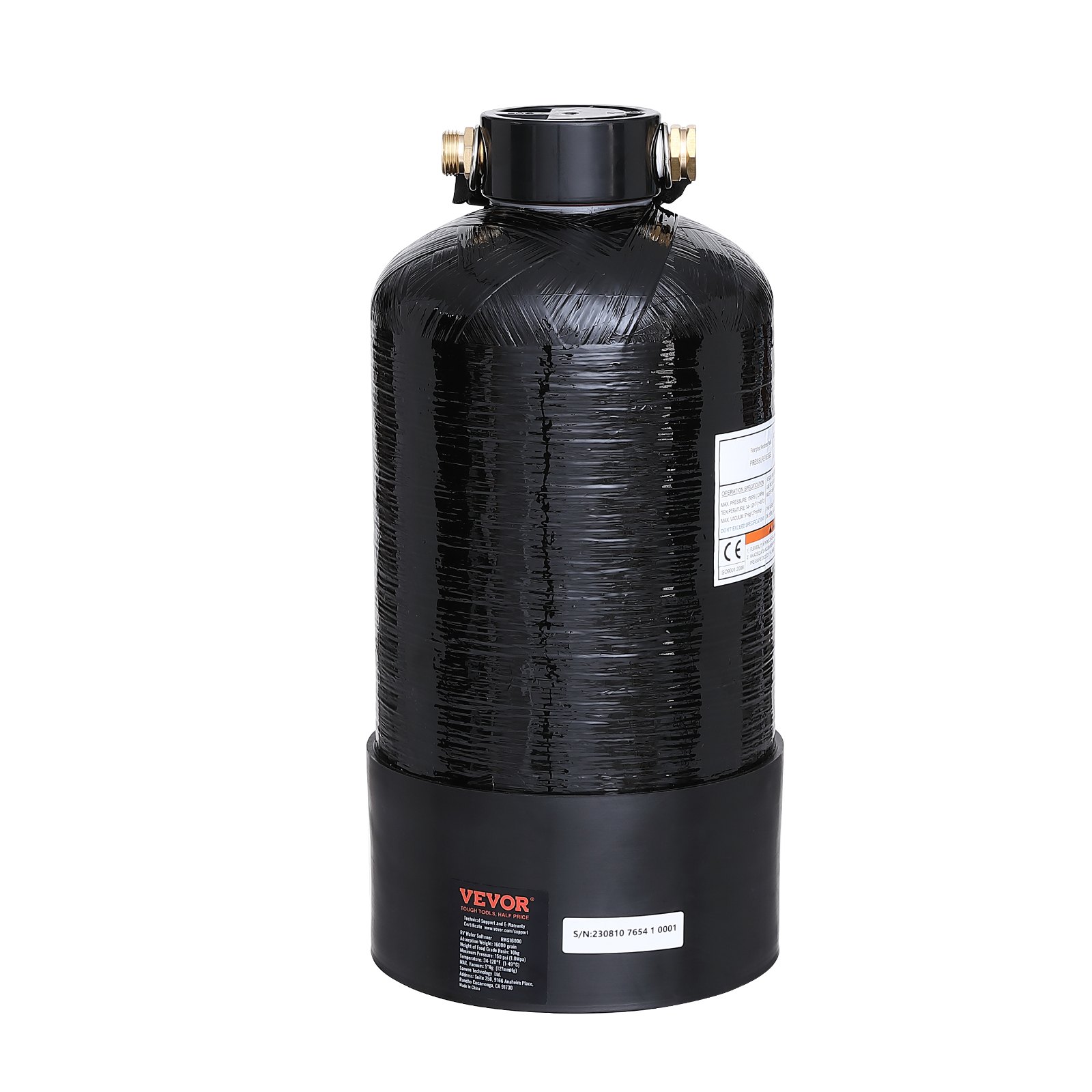VEVOR rv water softener in black casing with brass connectors and label details on the side.