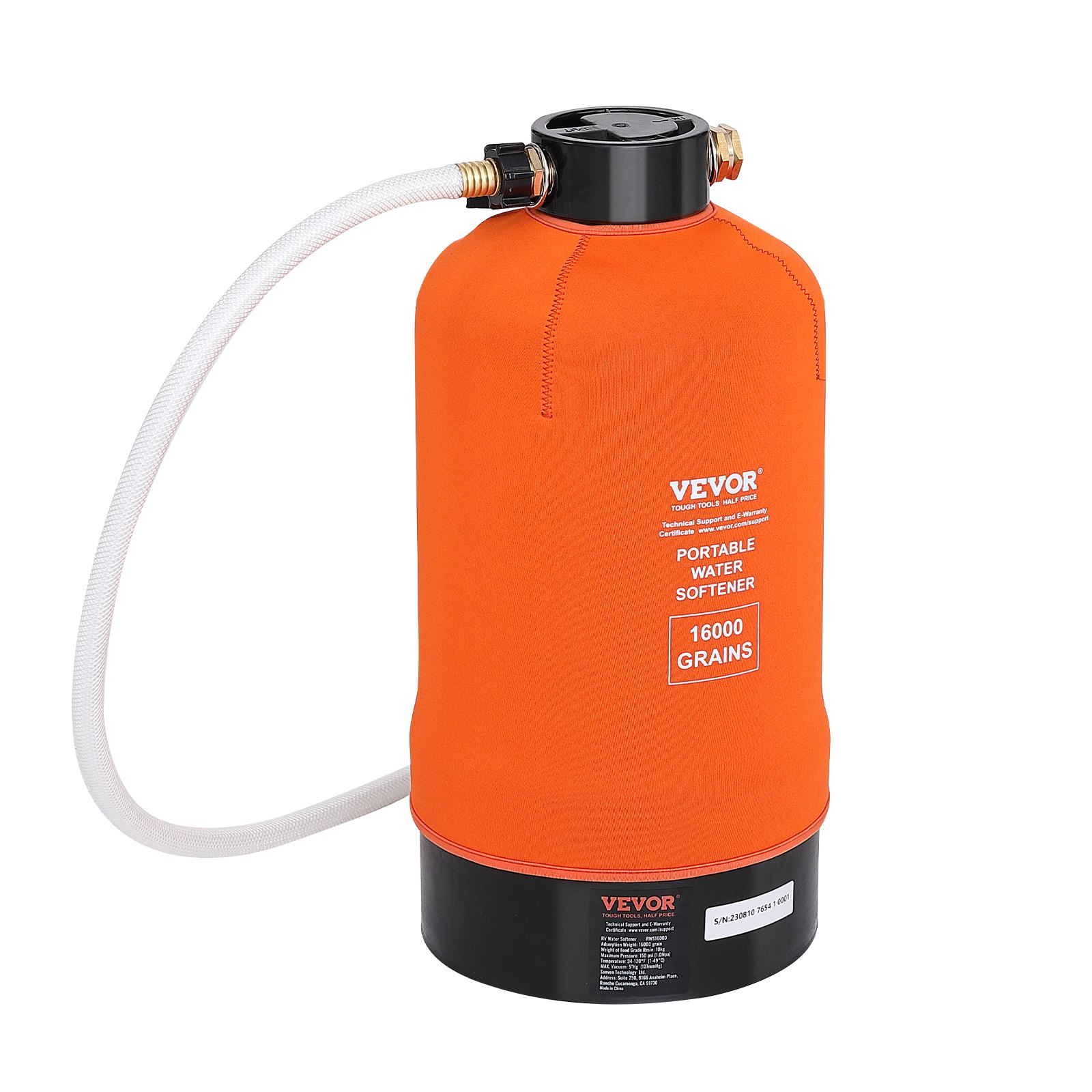 orange VEVOR rv water softener, 16000 grains capacity, with hose connection on top.