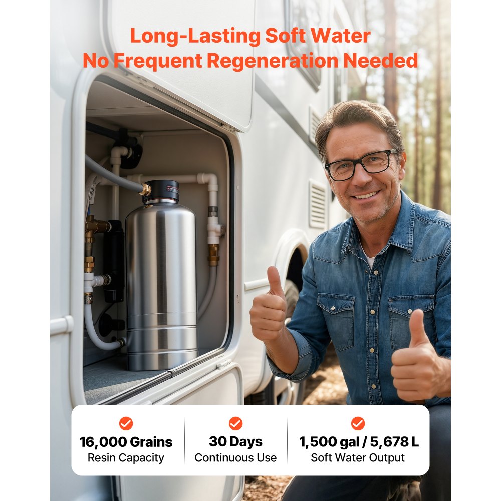 VEVOR RV Water Softener, 16,000 Grain, Portable Water Softener with NPT 3/4" Fittings, Food-Grade Resin, Stainless Steel, Quick Connect, for RVs, Trailers, Boats, Mobile Car Washing, Pressure Washing