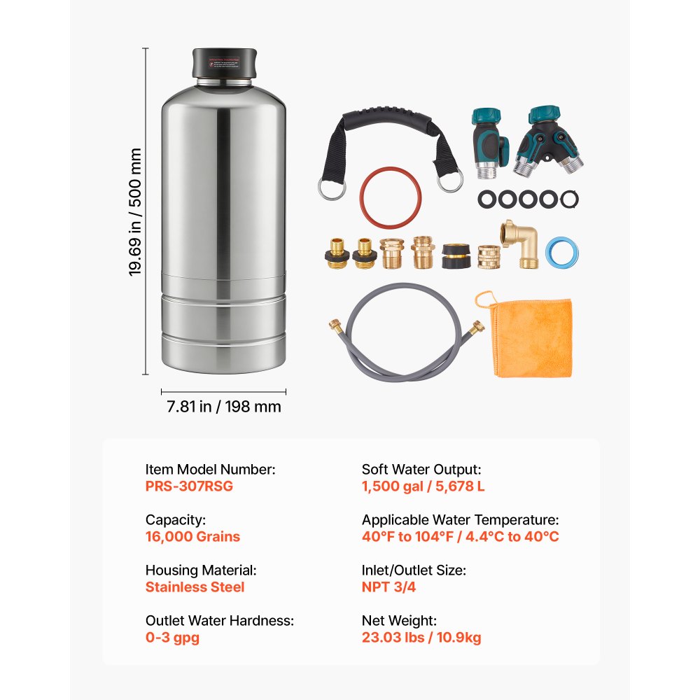 VEVOR RV Water Softener, 16,000 Grain, Portable Water Softener with NPT 3/4" Fittings, Food-Grade Resin, Stainless Steel, Quick Connect, for RVs, Trailers, Boats, Mobile Car Washing, Pressure Washing