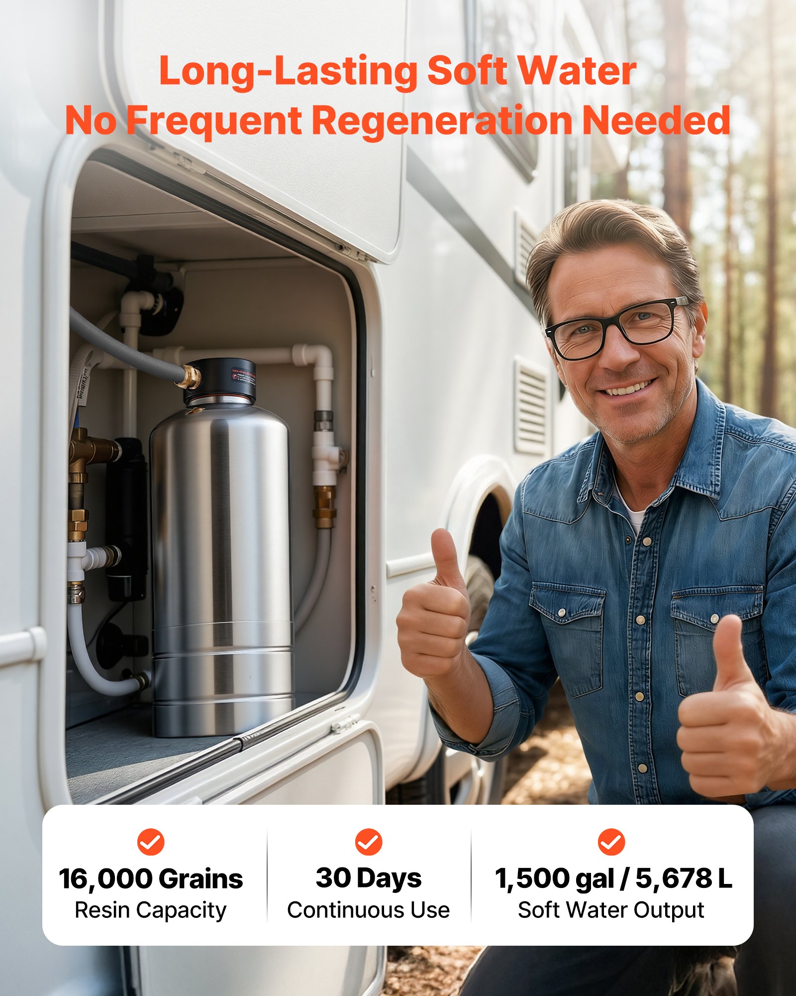 VEVOR RV Water Softener, 16,000 Grain, Portable Water Softener with NPT 3/4" Fittings, Food-Grade Resin, Stainless Steel, Quick Connect, for RVs, Trailers, Boats, Mobile Car Washing, Pressure Washing
