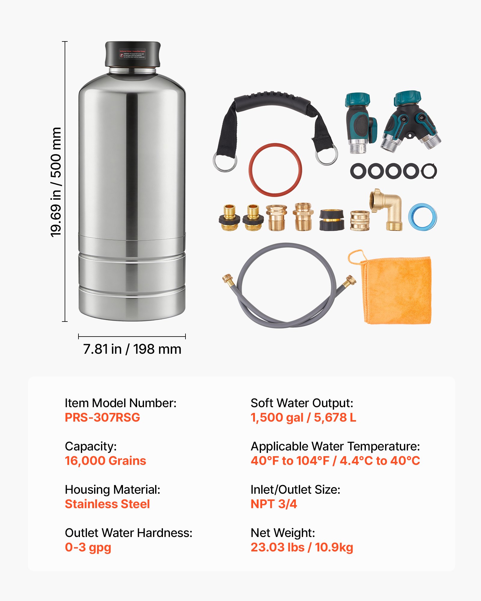 VEVOR RV Water Softener, 16,000 Grain, Portable Water Softener with NPT 3/4" Fittings, Food-Grade Resin, Stainless Steel, Quick Connect, for RVs, Trailers, Boats, Mobile Car Washing, Pressure Washing