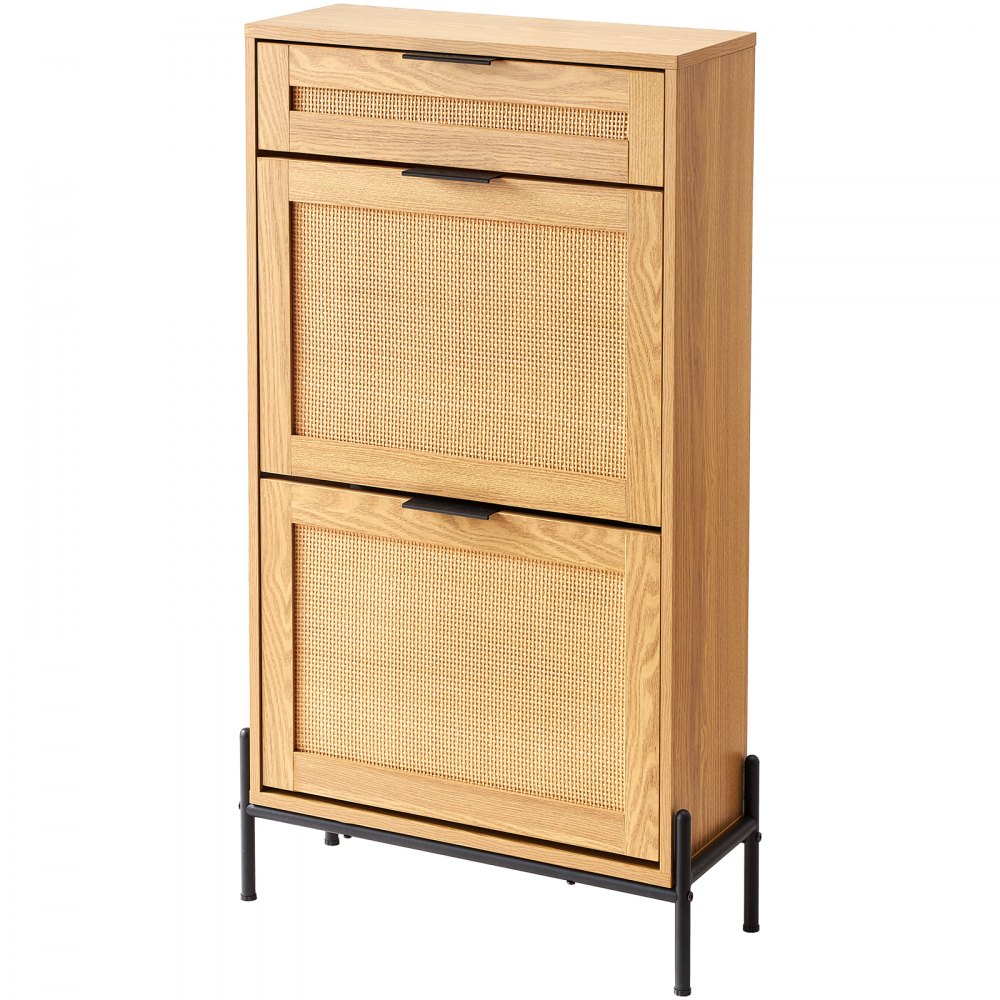 VEVOR Rattan Shoe Cabinet, Narrow Shoe Storage Organizer with 2 Flip Rattan Drawers & 1 Slide Drawer, Metal Legs, Slim Shoe Entryway Cabinet Ideal for Entryway, Closet, Hallway, Light Wood Color