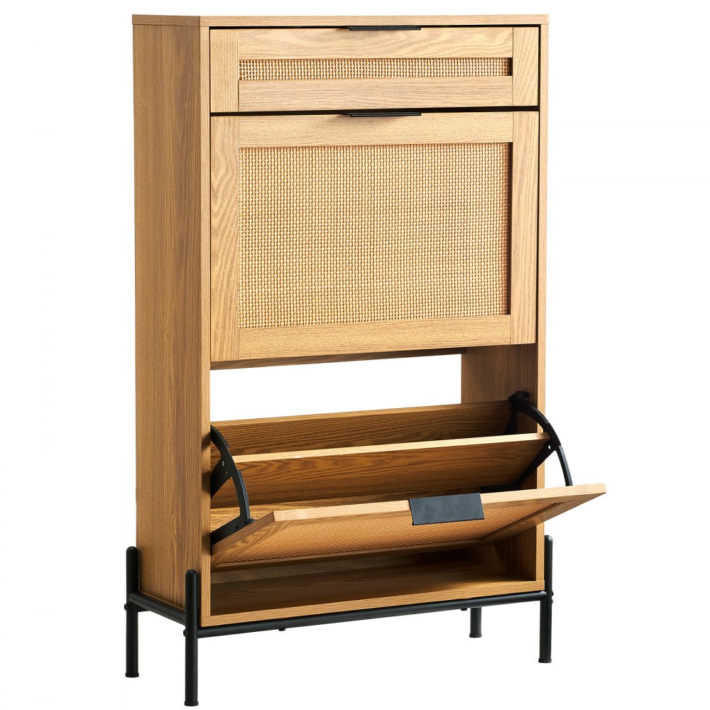 VEVOR Rattan Shoe Cabinet, Narrow Shoe Storage Organizer with 2 Flip Rattan Drawers & 1 Slide Drawer, Metal Legs, Slim Shoe Entryway Cabinet Ideal for Entryway, Closet, Hallway, Light Wood Color