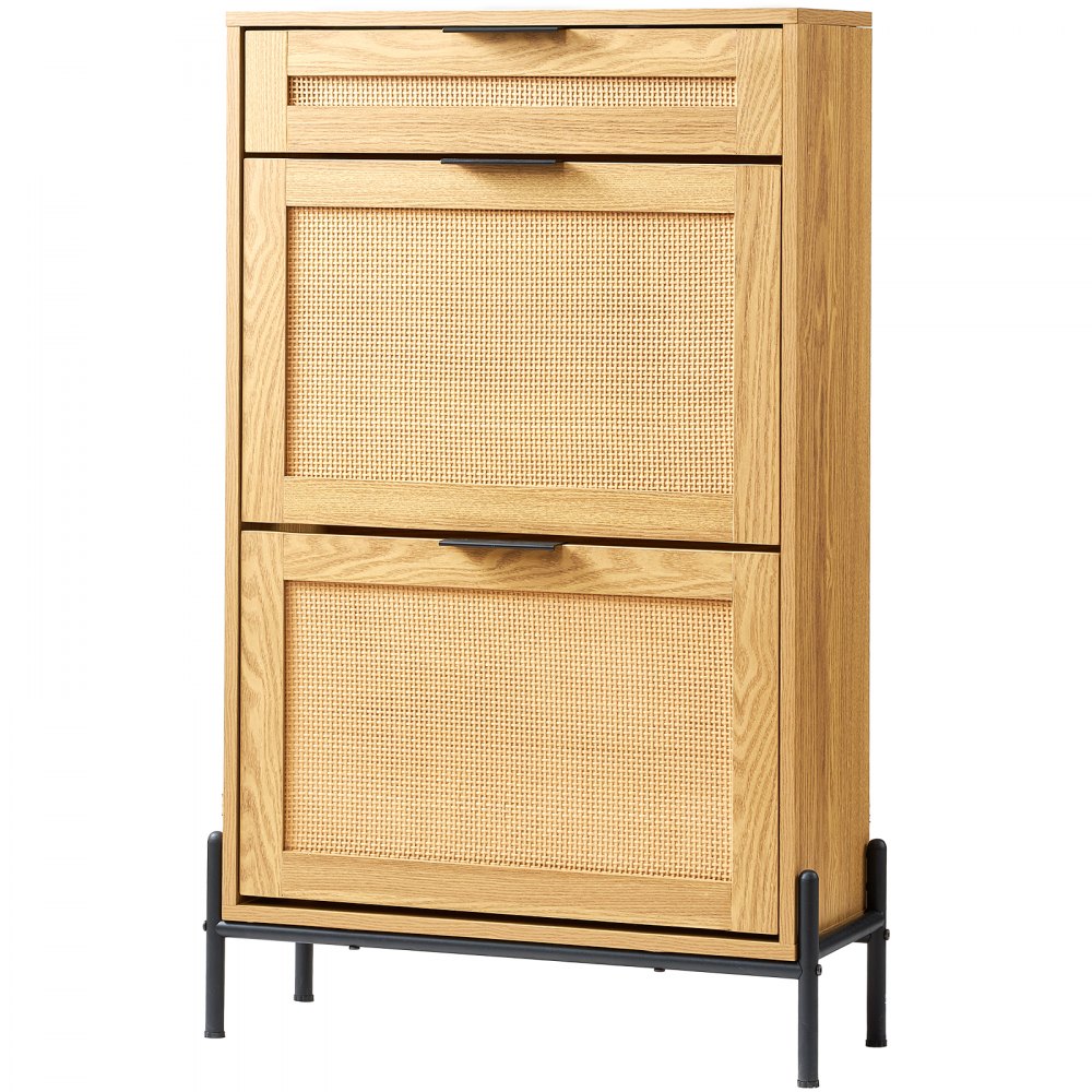VEVOR Rattan Shoe Cabinet, Narrow Shoe Storage Organizer with 2 Flip Rattan Drawers & 1 Slide Drawer, Metal Legs, Slim Shoe Entryway Cabinet Ideal for Entryway, Closet, Hallway, Light Wood Color