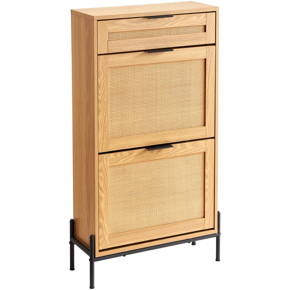 VEVOR Rattan Shoe Cabinet, Narrow Shoe Storage Organizer with 2 Flip Rattan Drawers & 1 Slide Drawer, Metal Legs, Slim Shoe Entryway Cabinet Ideal for Entryway, Closet, Hallway, Light Wood Color