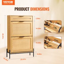 VEVOR Rattan Shoe Cabinet, Narrow Shoe Storage Organizer with 2 Flip Rattan Drawers & 1 Slide Drawer, Metal Legs, Slim Shoe Entryway Cabinet Ideal for Entryway, Closet, Hallway, Light Wood Color