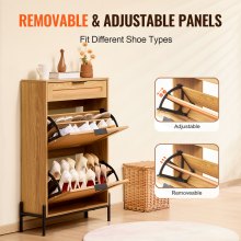 VEVOR Rattan Shoe Cabinet, Narrow Shoe Storage Organizer with 2 Flip Rattan Drawers & 1 Slide Drawer, Metal Legs, Slim Shoe Entryway Cabinet Ideal for Entryway, Closet, Hallway, Light Wood Color