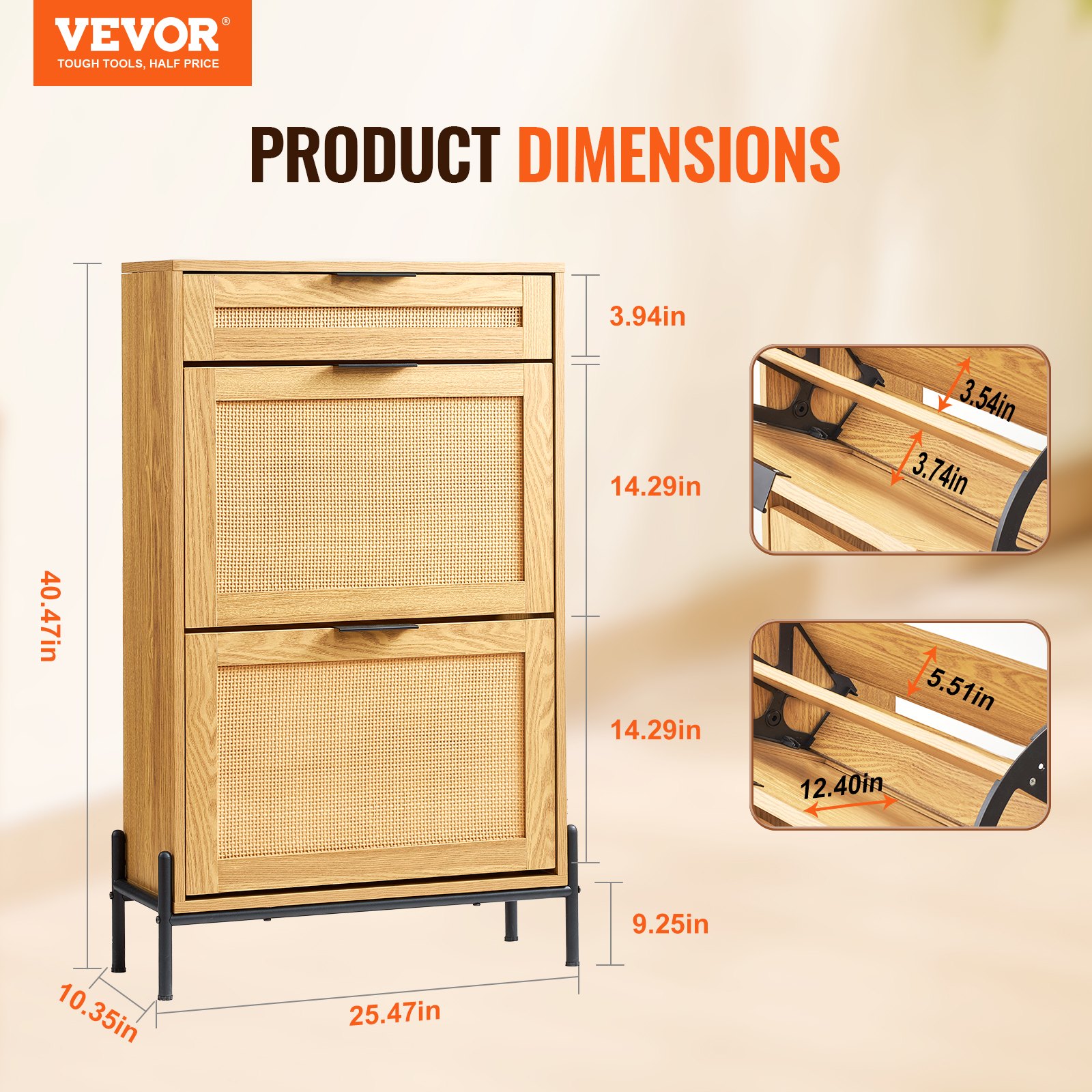 VEVOR Rattan Shoe Cabinet, Narrow Shoe Storage Organizer with 2 Flip Rattan Drawers & 1 Slide Drawer, Metal Legs, Slim Shoe Entryway Cabinet Ideal for Entryway, Closet, Hallway, Light Wood Color