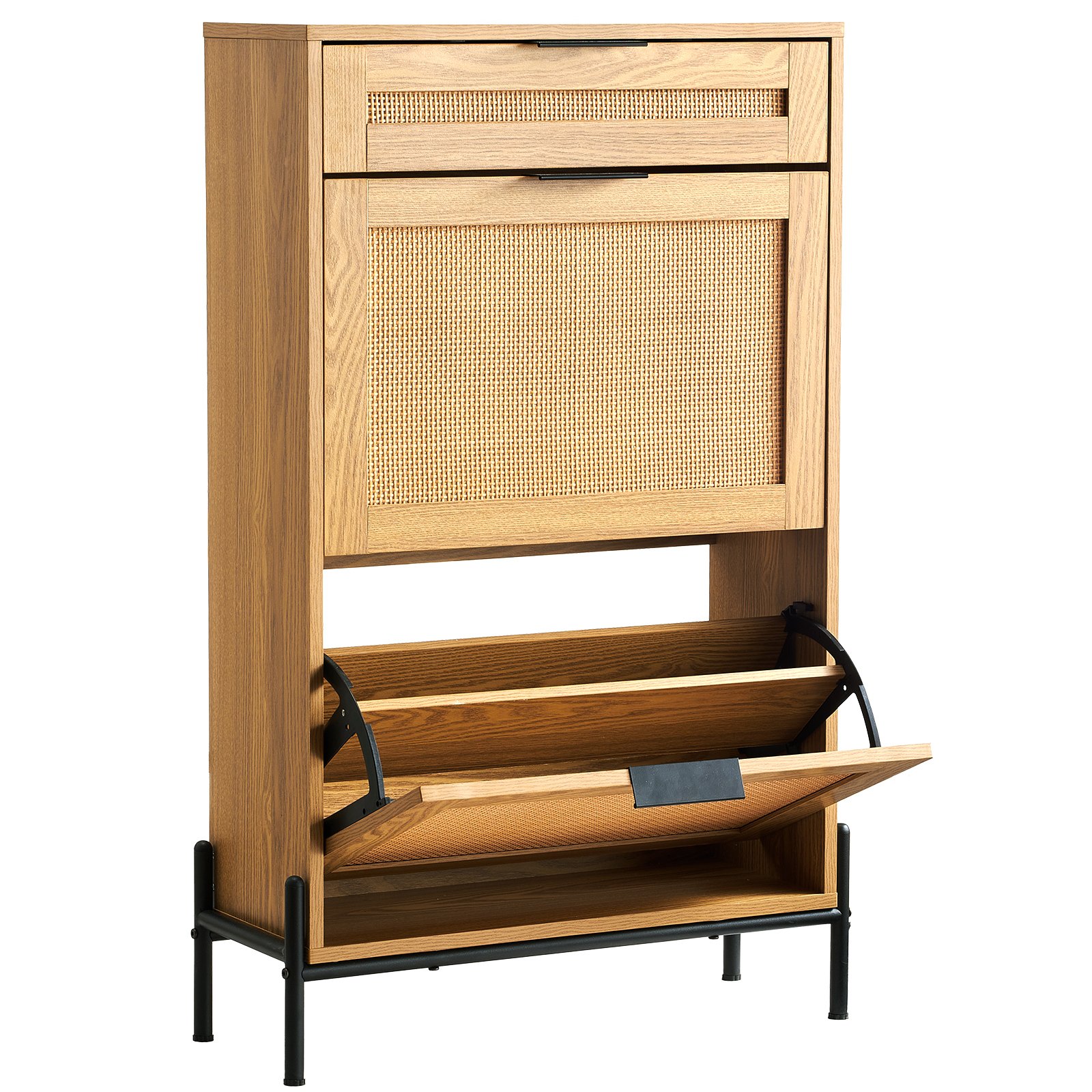 VEVOR Rattan Shoe Cabinet, Narrow Shoe Storage Organizer with 2 Flip Rattan Drawers & 1 Slide Drawer, Metal Legs, Slim Shoe Entryway Cabinet Ideal for Entryway, Closet, Hallway, Light Wood Color