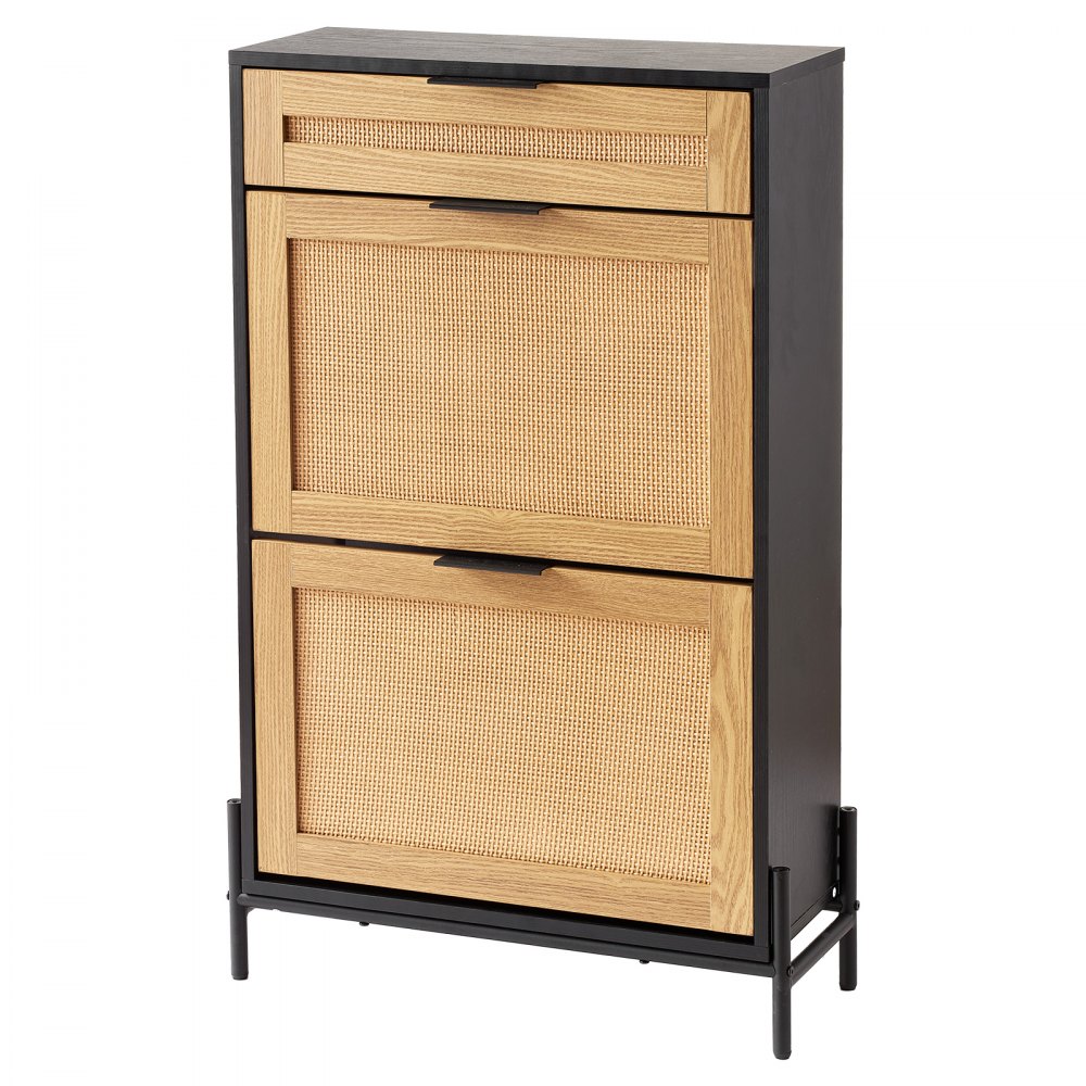 VEVOR Rattan Shoe Cabinet, Narrow Shoe Storage Organizer with 2 Flip Rattan Drawers & 1 Slide Drawer, Metal Legs, Slim Shoe Entryway Cabinet Ideal for Entryway, Closet, Hallway, Black