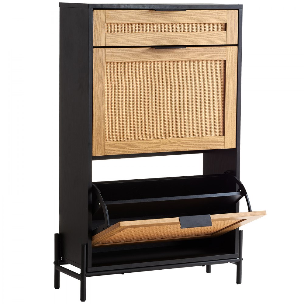 VEVOR Rattan Shoe Cabinet, Narrow Shoe Storage Organizer with 2 Flip Rattan Drawers & 1 Slide Drawer, Metal Legs, Slim Shoe Entryway Cabinet Ideal for Entryway, Closet, Hallway, Black