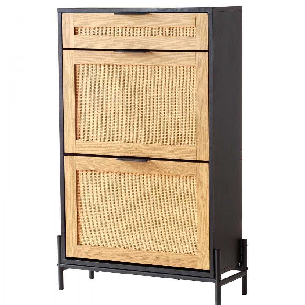 VEVOR Rattan Shoe Cabinet, Narrow Shoe Storage Organizer with 2 Flip Rattan Drawers & 1 Slide Drawer, Metal Legs, Slim Shoe Entryway Cabinet Ideal for Entryway, Closet, Hallway, Black
