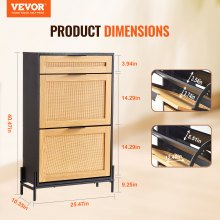 VEVOR Rattan Shoe Cabinet, Narrow Shoe Storage Organizer with 2 Flip Rattan Drawers & 1 Slide Drawer, Metal Legs, Slim Shoe Entryway Cabinet Ideal for Entryway, Closet, Hallway, Black