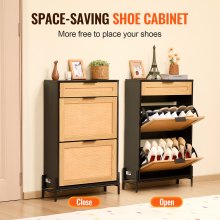 VEVOR Rattan Shoe Cabinet Shoe Organizer 2 Flip Drawers & 1 Slide Drawer Black