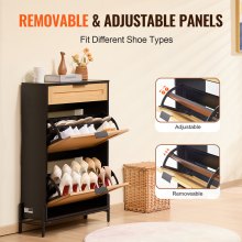 VEVOR Rattan Shoe Cabinet, Narrow Shoe Storage Organizer with 2 Flip Rattan Drawers & 1 Slide Drawer, Metal Legs, Slim Shoe Entryway Cabinet Ideal for Entryway, Closet, Hallway, Black