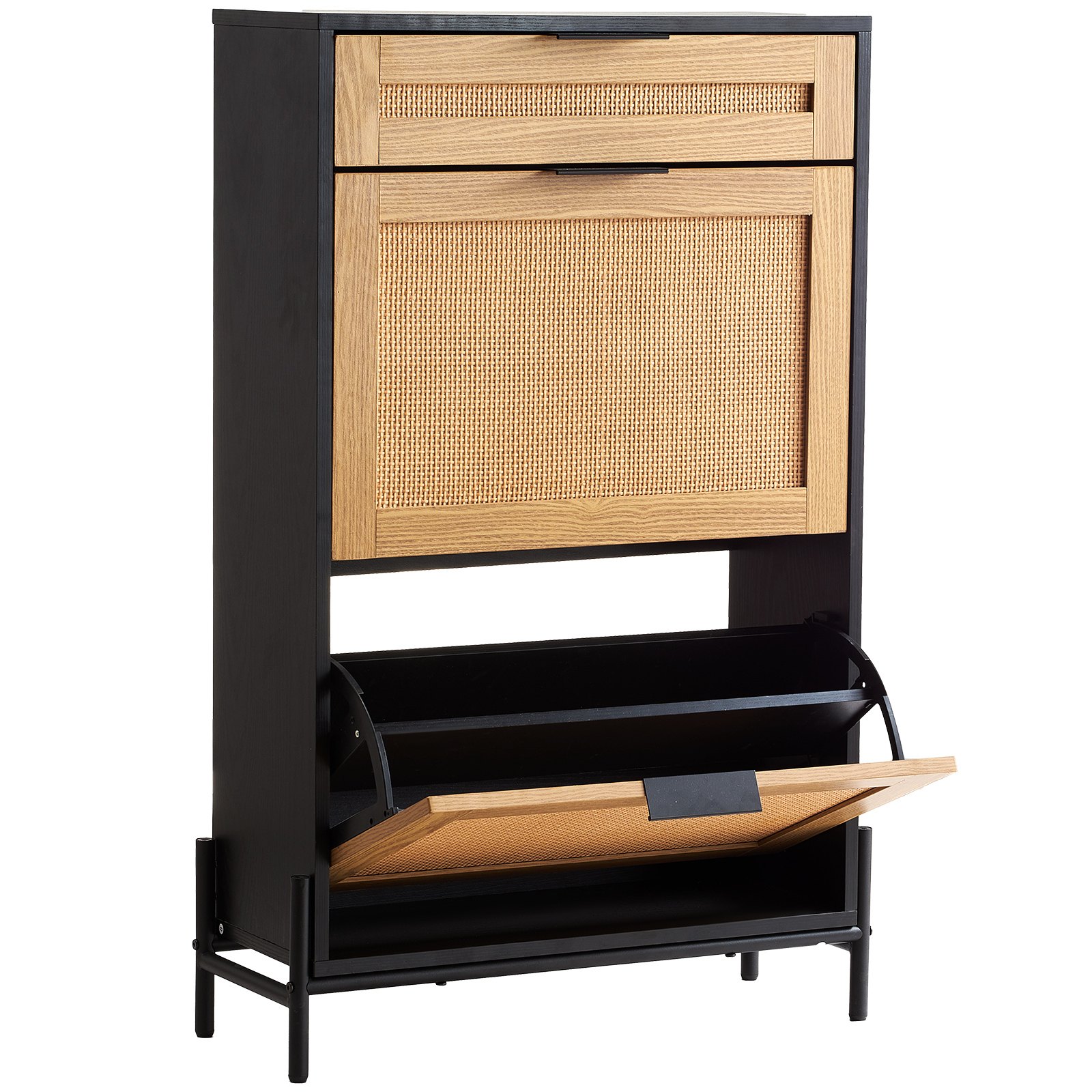 VEVOR Rattan Shoe Cabinet, Narrow Shoe Storage Organizer with 2 Flip Rattan Drawers & 1 Slide Drawer, Metal Legs, Slim Shoe Entryway Cabinet Ideal for Entryway, Closet, Hallway, Black