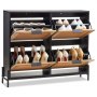 VEVOR Rattan Shoe Cabinet, Narrow Shoe Storage Organizer with 4 Flip Drawers, Slim Shoe Entryway Storage Cabinet with Metal Legs, Ideal for Entryway, Closet, Hallway, Light Wood Color