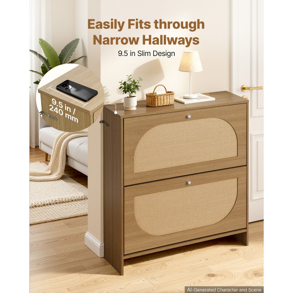 VEVOR Rattan Shoe Cabinet, 16 Pairs, 2 Flip Drawers, Adjustable Shelves for Entryway, Hallway and Living Room, Freestanding Narrow Shoes Wooden Rack, with 80 lb Top Surface and Tip-Over Restraint