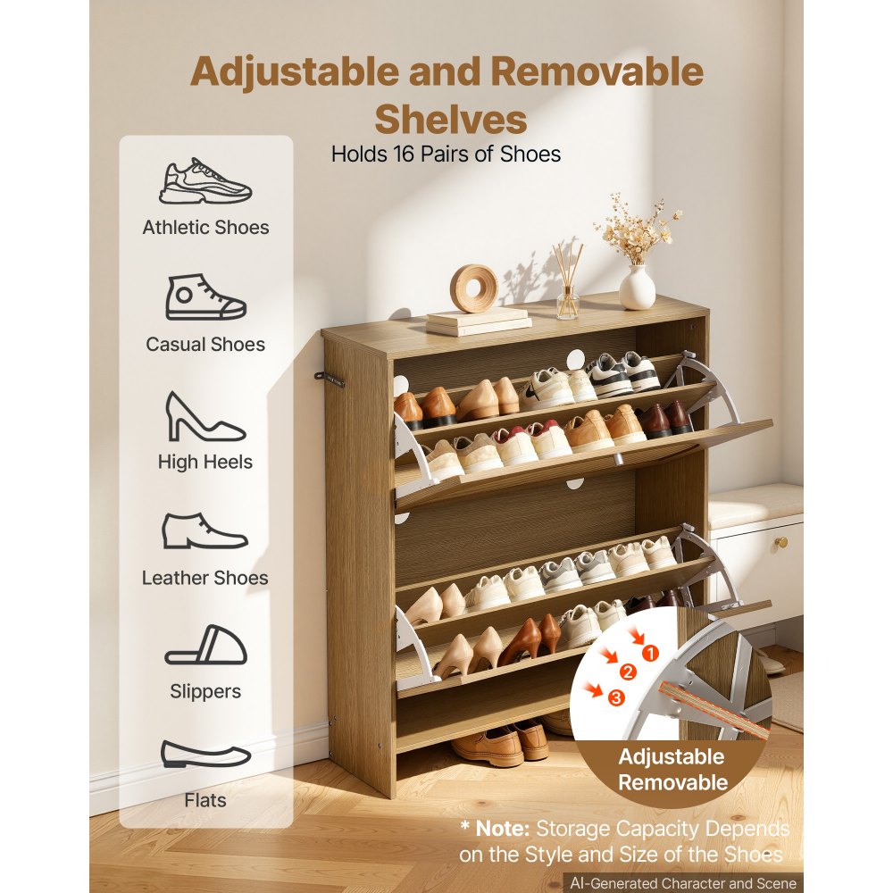 VEVOR Rattan Shoe Cabinet, 16 Pairs, 2 Flip Drawers, Adjustable Shelves for Entryway, Hallway and Living Room, Freestanding Narrow Shoes Wooden Rack, with 80 lb Top Surface and Tip-Over Restraint