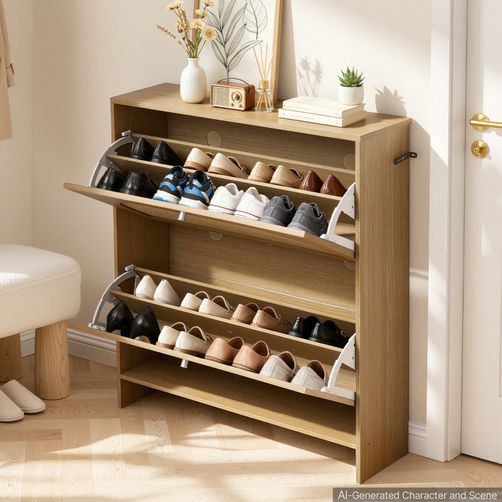 VEVOR Rattan Shoe Cabinet, 16 Pairs, 2 Flip Drawers, Adjustable Shelves for Entryway, Hallway and Living Room, Freestanding Narrow Shoes Wooden Rack, with 80 lb Top Surface and Tip-Over Restraint