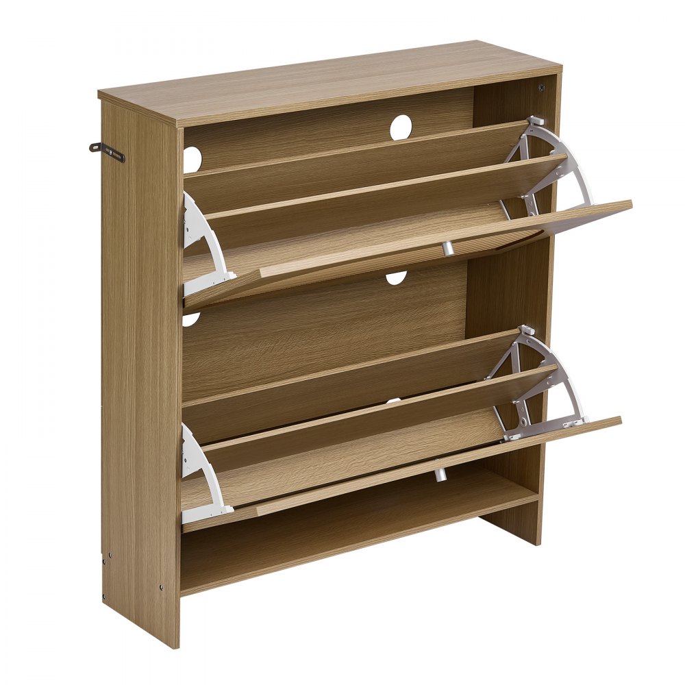 VEVOR Rattan Shoe Cabinet, 16 Pairs, 2 Flip Drawers, Adjustable Shelves for Entryway, Hallway and Living Room, Freestanding Narrow Shoes Wooden Rack, with 80 lb Top Surface and Tip-Over Restraint